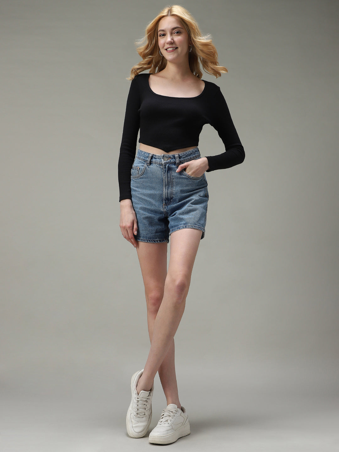 Black Assymetric Hem Scoop Neck Knit Top