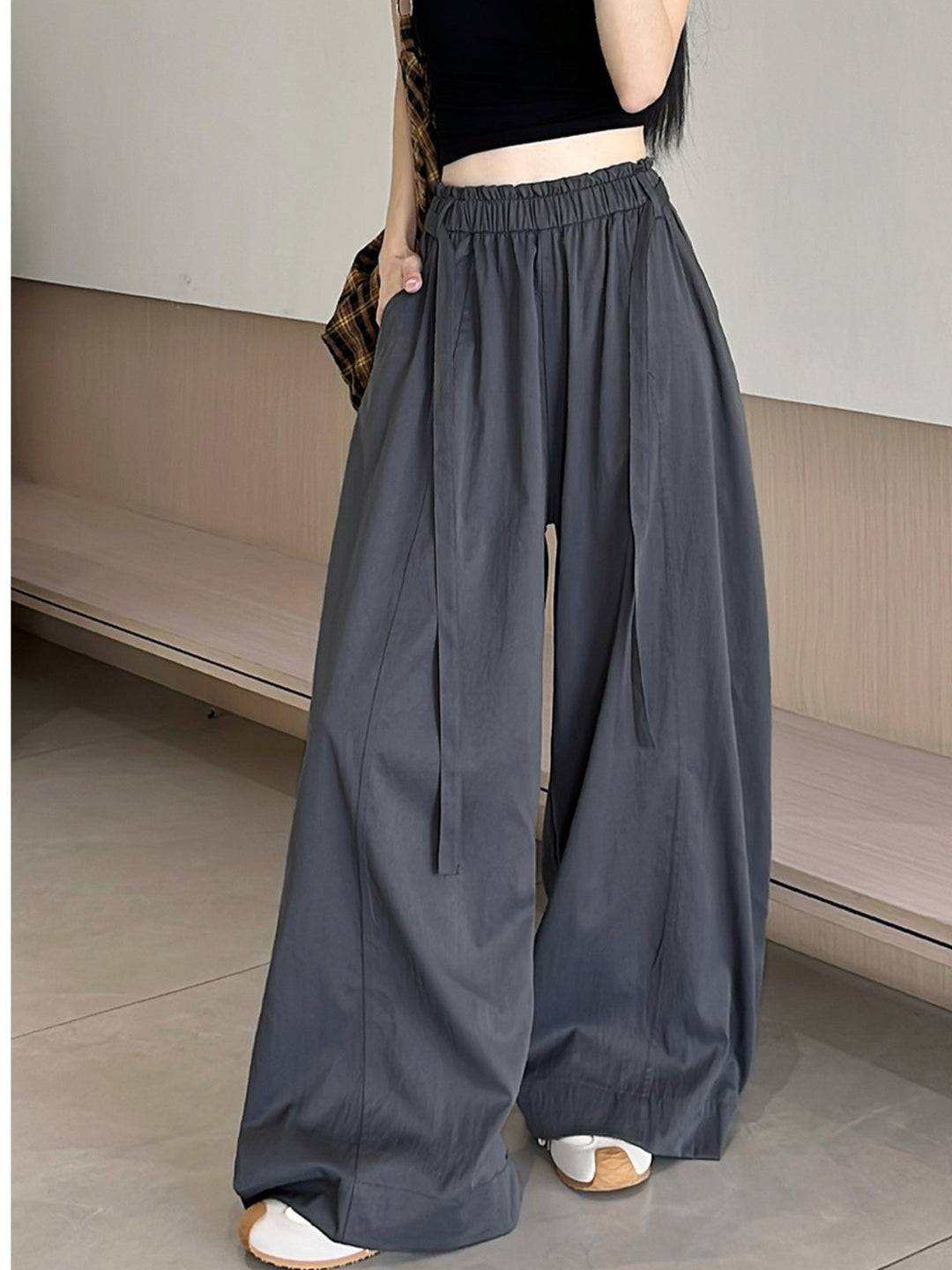Charcoal High Waist Pleated Wide Leg Pant