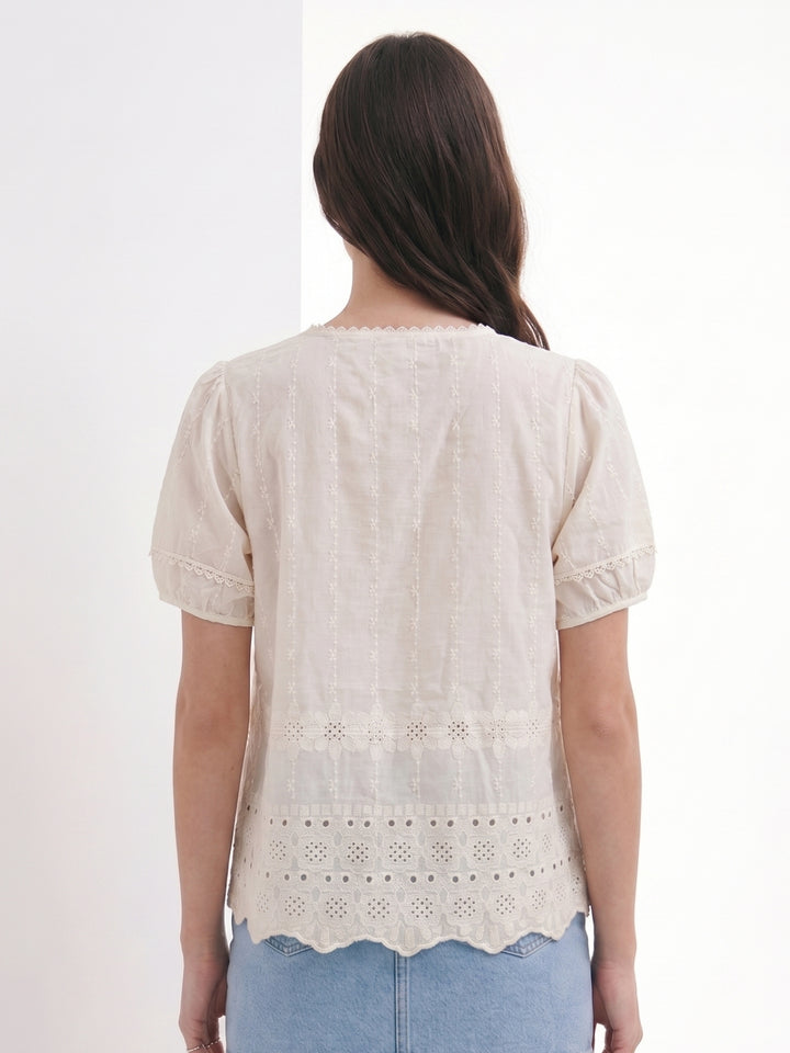 Off White Short Sleeve Front Tie-Up Top