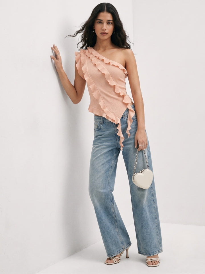 Peach Ruffle Detail Asymmetric Neck Top