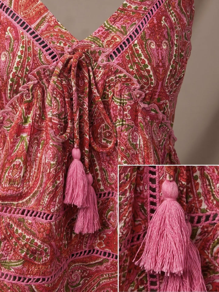 Pink Bombay Paisley Floral With Taseel Details At Front