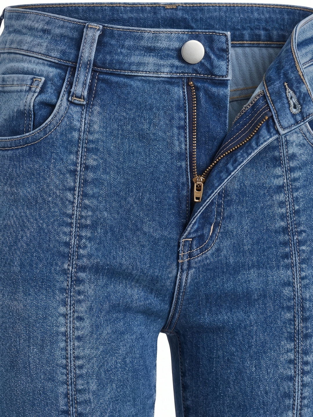 Light Blue High-Rise Knitted Denim Flared Jeans With Front Slit.