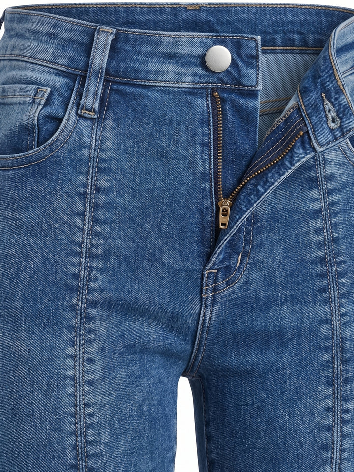 Light Blue High-Rise Knitted Denim Flared Jeans With Front Slit.