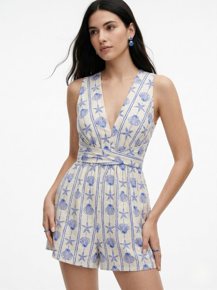 White Sleeveless V Neck Printed Jumpsuit