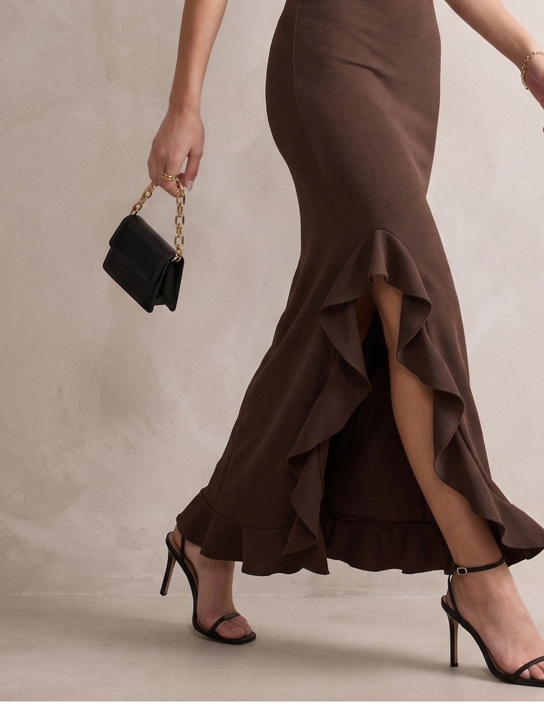 Brown Textured Asymmetric Hem Maxi Dress