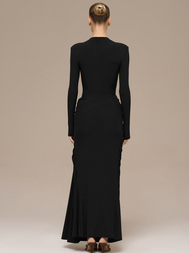 Black Full Sleeve Waist Buckle Detail Dress