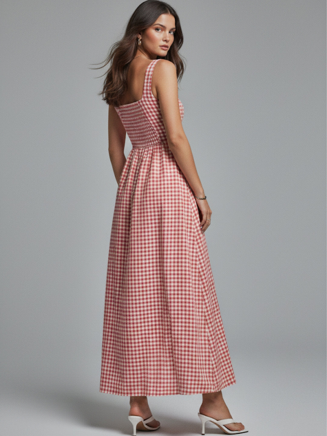Red Striped Square Neck Cinched Waist Dress