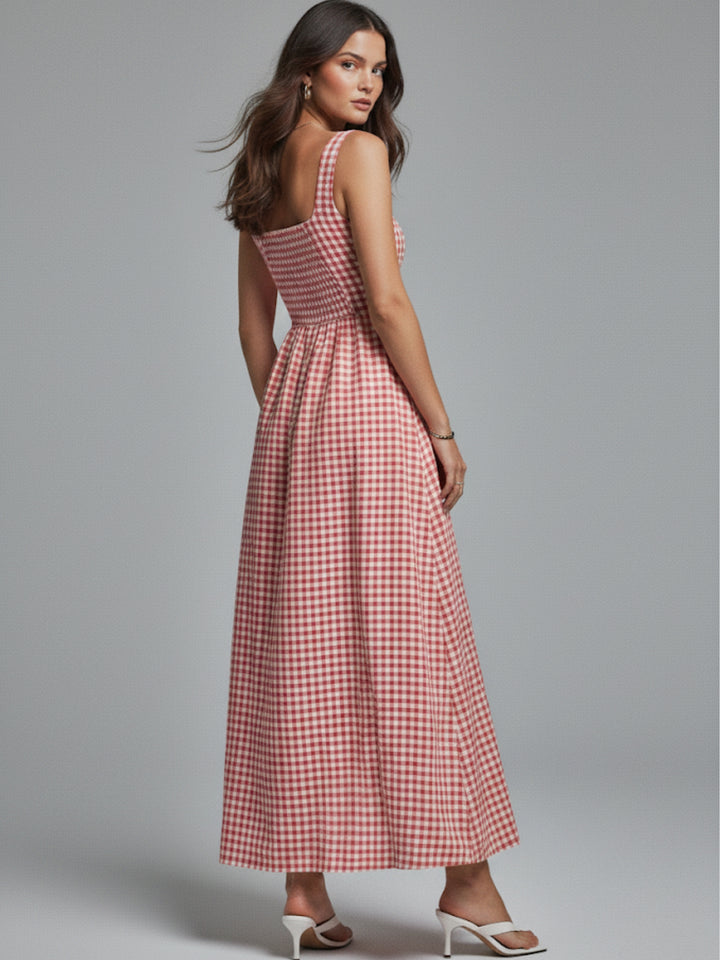 Red Striped Square Neck Cinched Waist Dress