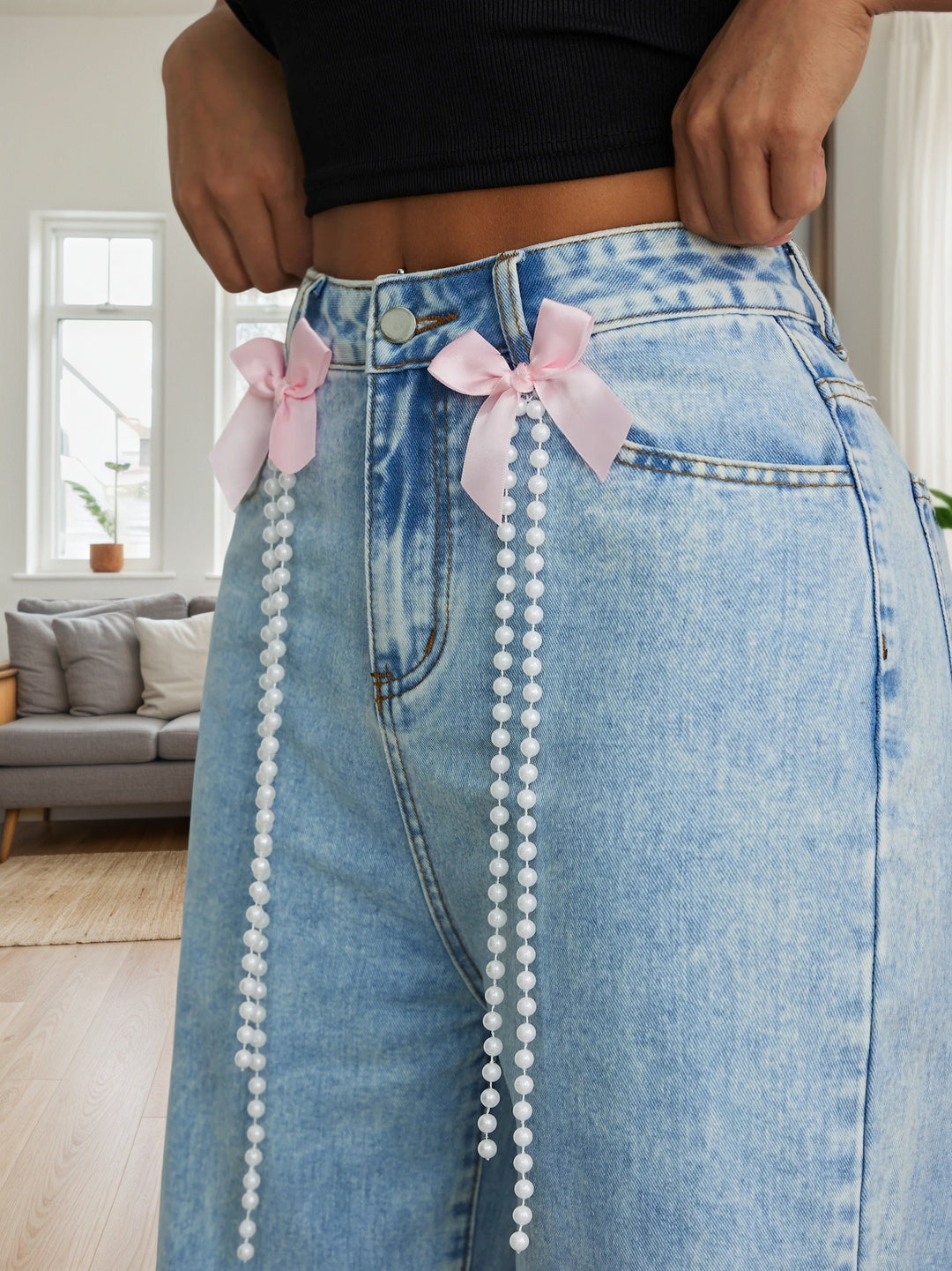 Blue Bow And Chain Embellished Denim
