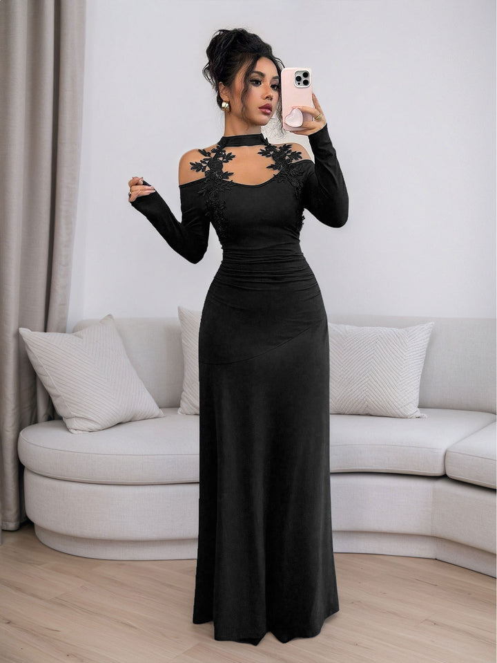 Black Full Sleeve Lace Neck Detail Dress