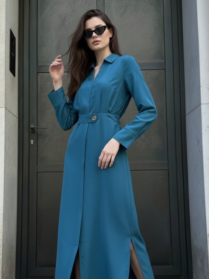 Light Blue Maxi Shirt Dress With Side Slit