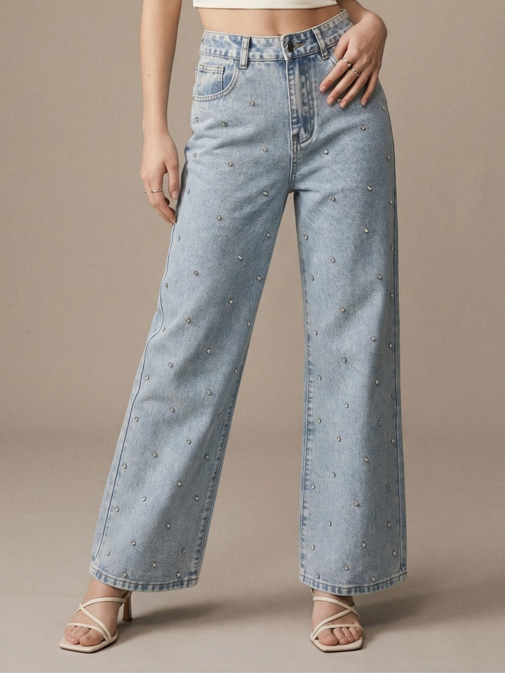 Light Blue All Over Spaced Out Studded Denim
