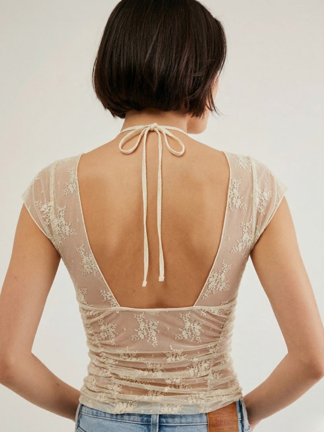 Cream Short Sleeve Lace Detail Top
