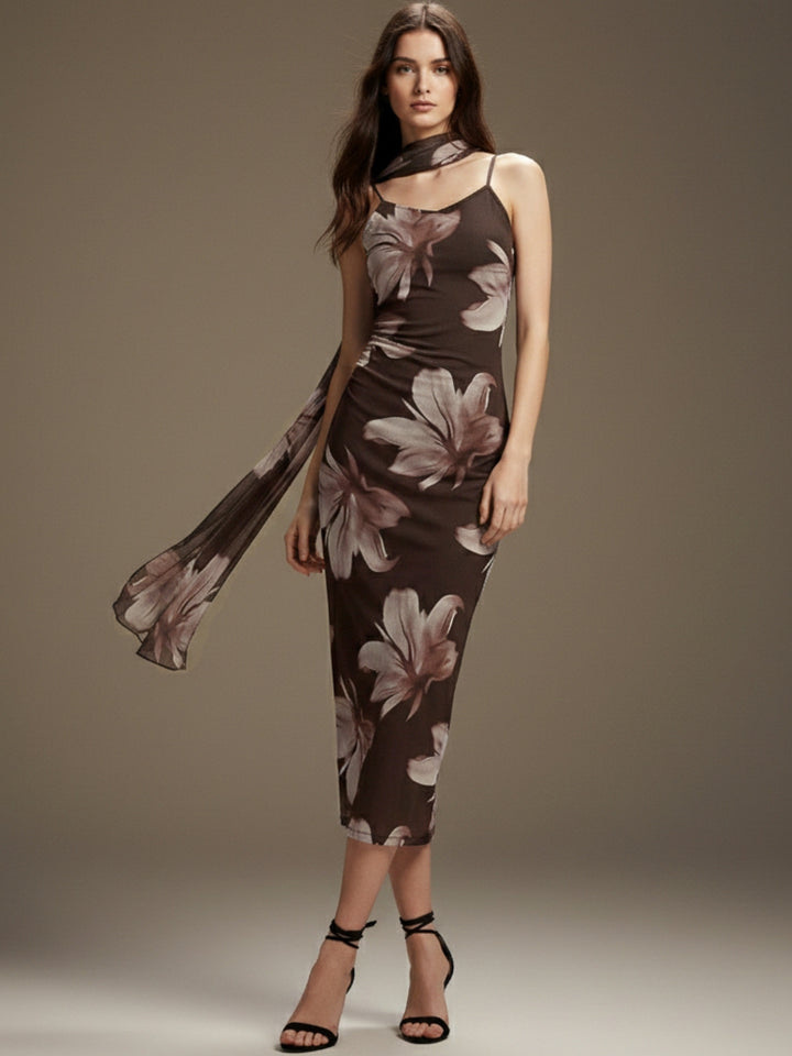 Brown Strappy Printed Mesh Dress With Scarf Detail