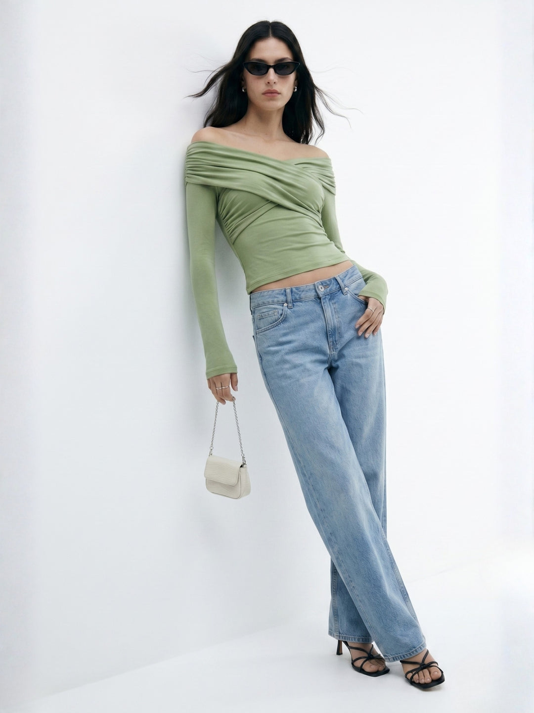Olive Cross Front Off Shoulder Fitted Top