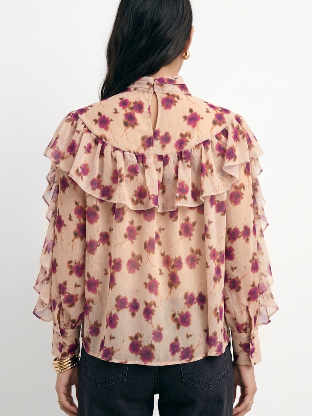 Beige Ruffle Detail Floral Printed Blouse