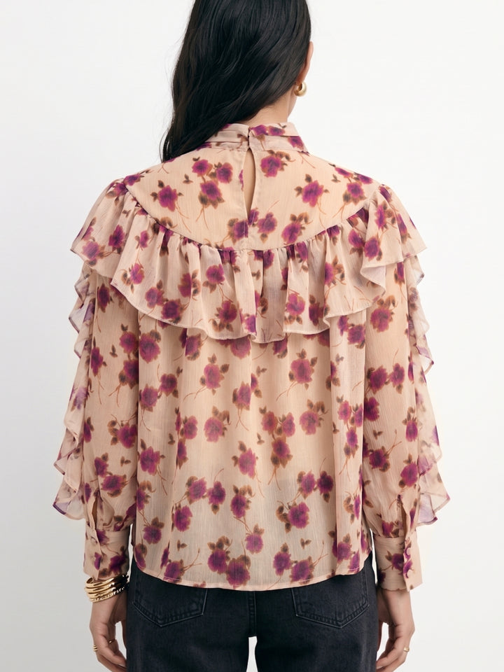 Beige Ruffle Detail Floral Printed Blouse