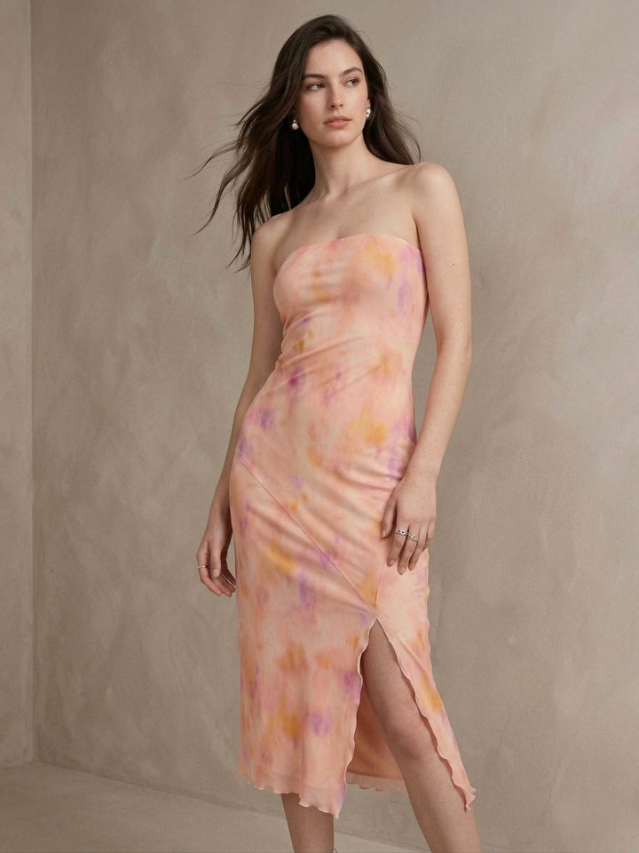 Multi Blurred Abstract Print Tube Midi Dress