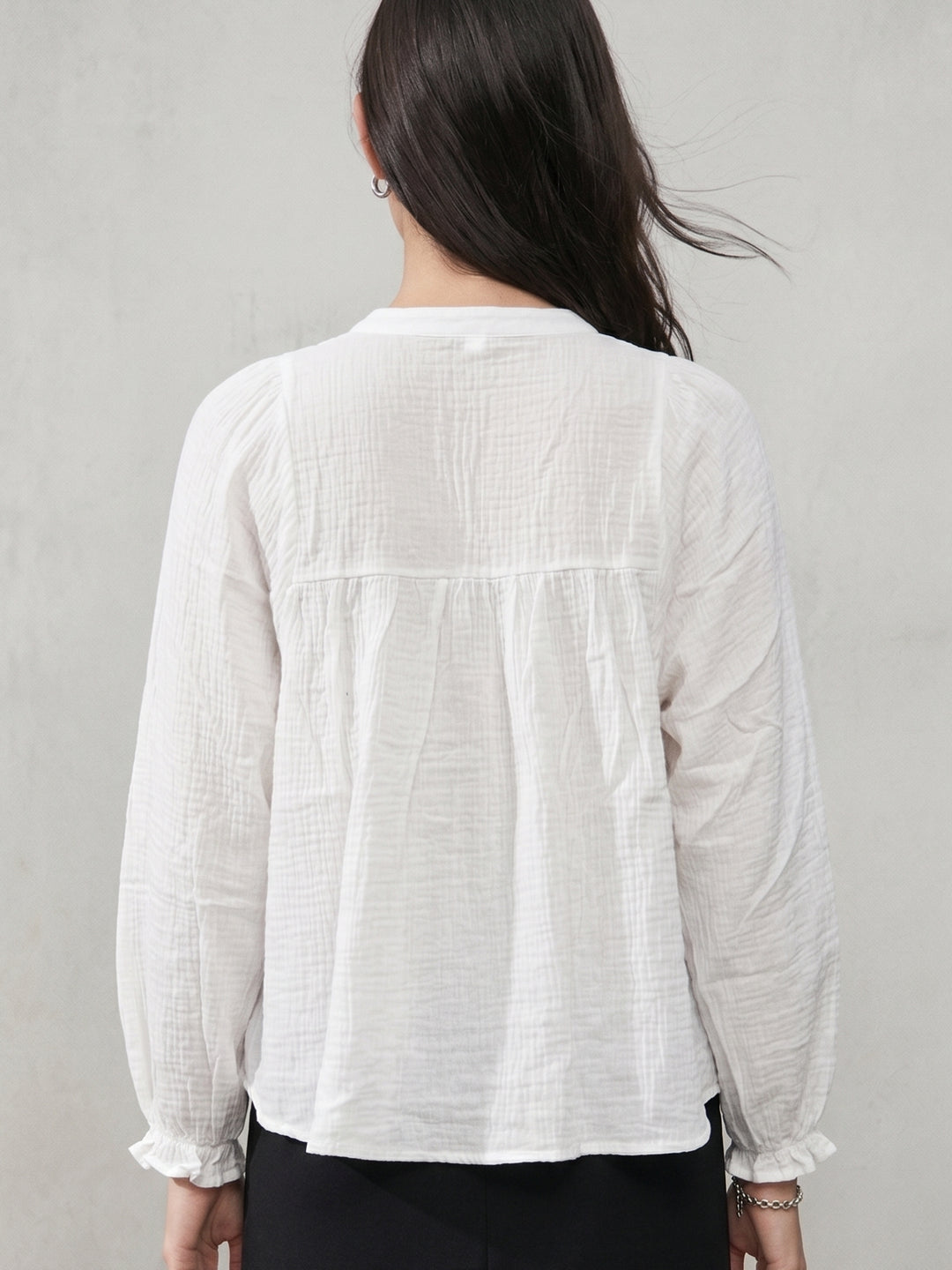 White Bishop Sleeve Front Buttoned Embroidered Top
