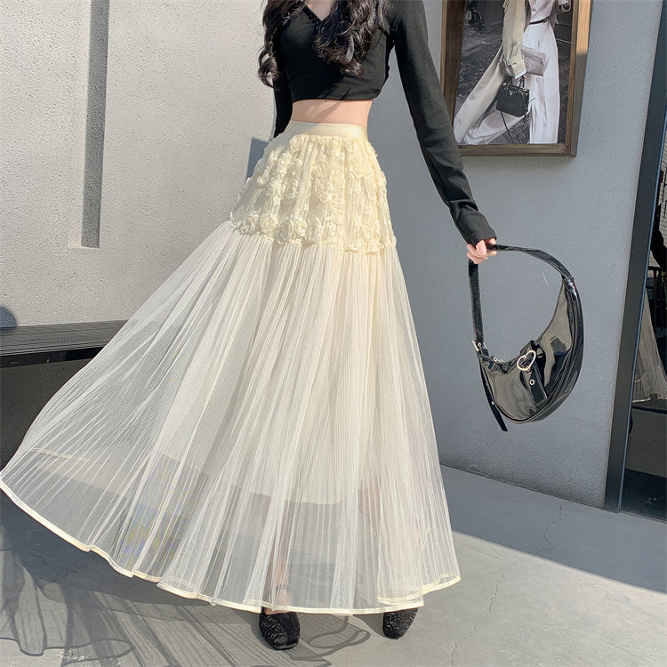 Cream Rosette Detailed Half And Half Pleated Skirt