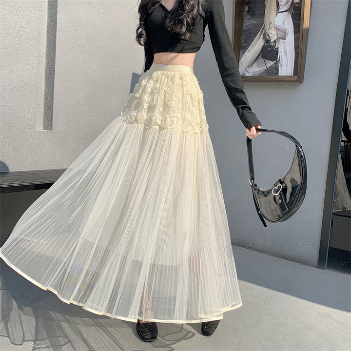 Cream Rosette Detailed Half And Half Pleated Skirt