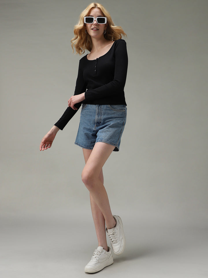 Black Button Down Ribbed Knit Top