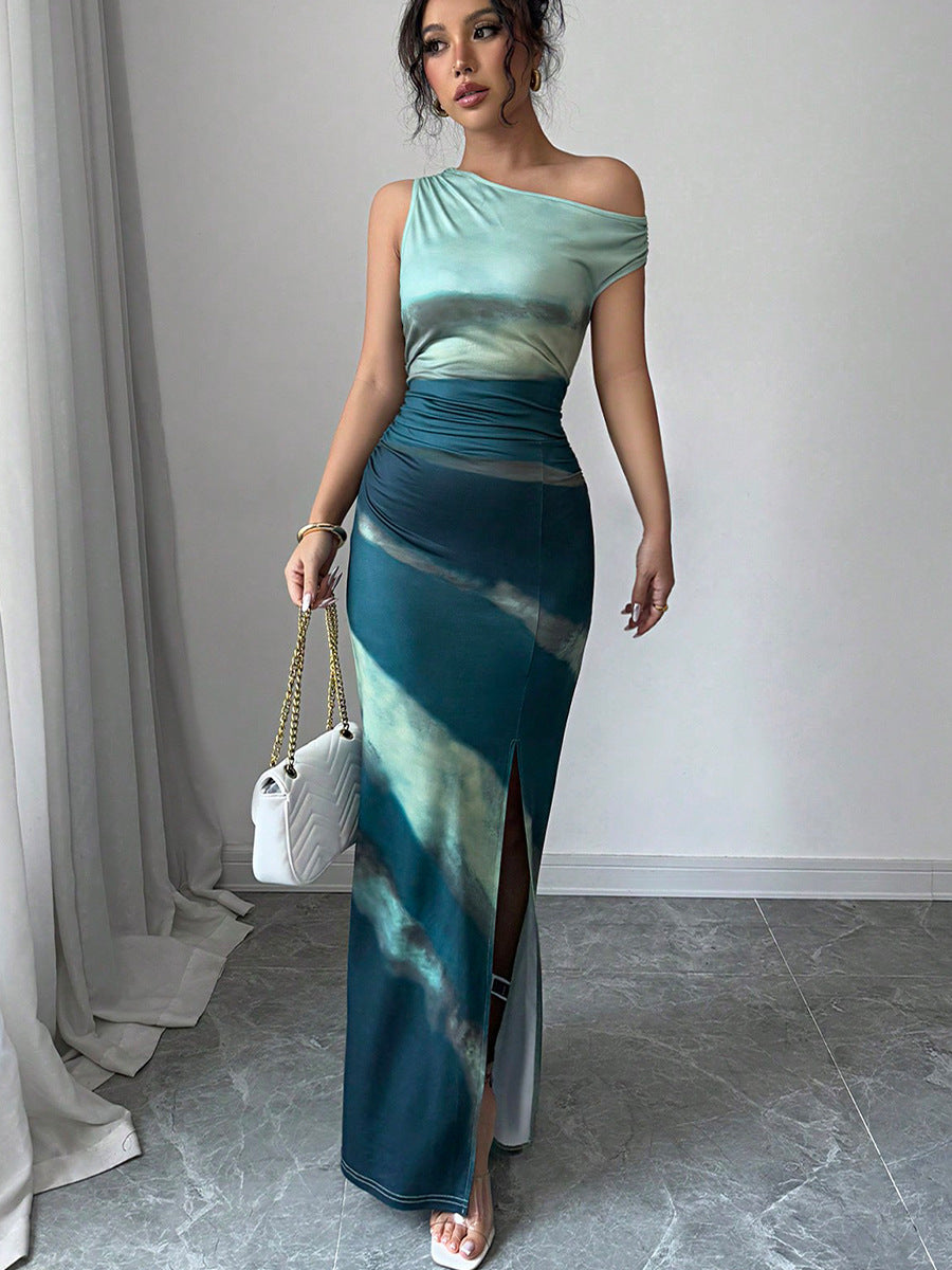 Green One Shoulder Slit Maxi Dress