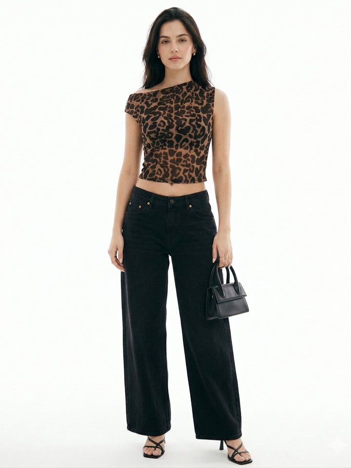 Multi One Shoulder Twisted Strap Animal Printed Top