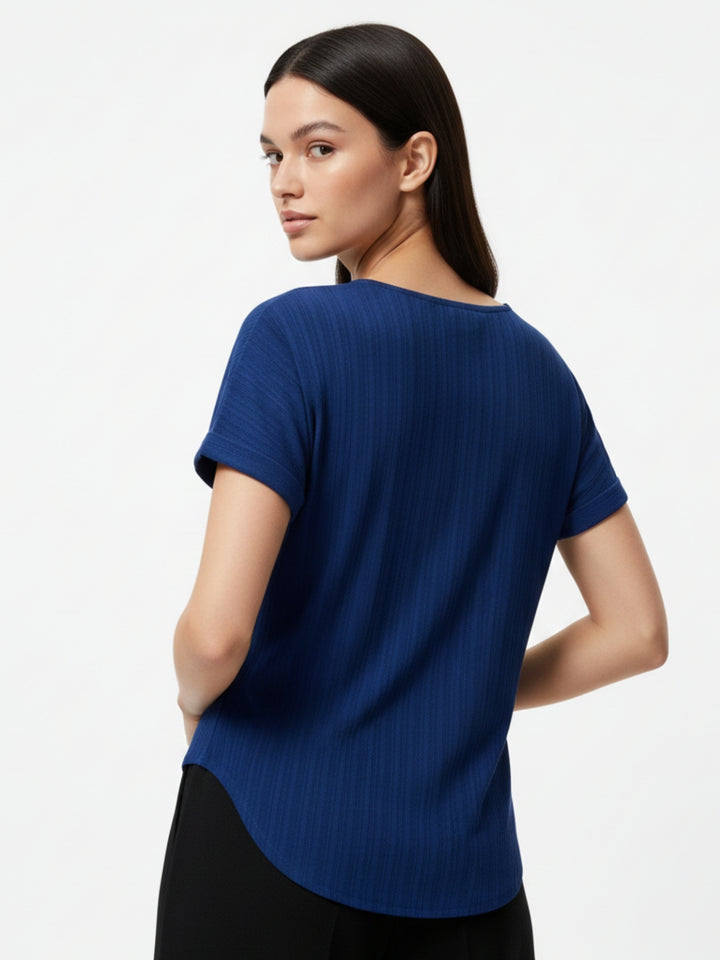Blue Extended Shoulder Top With Front Zipper Detail