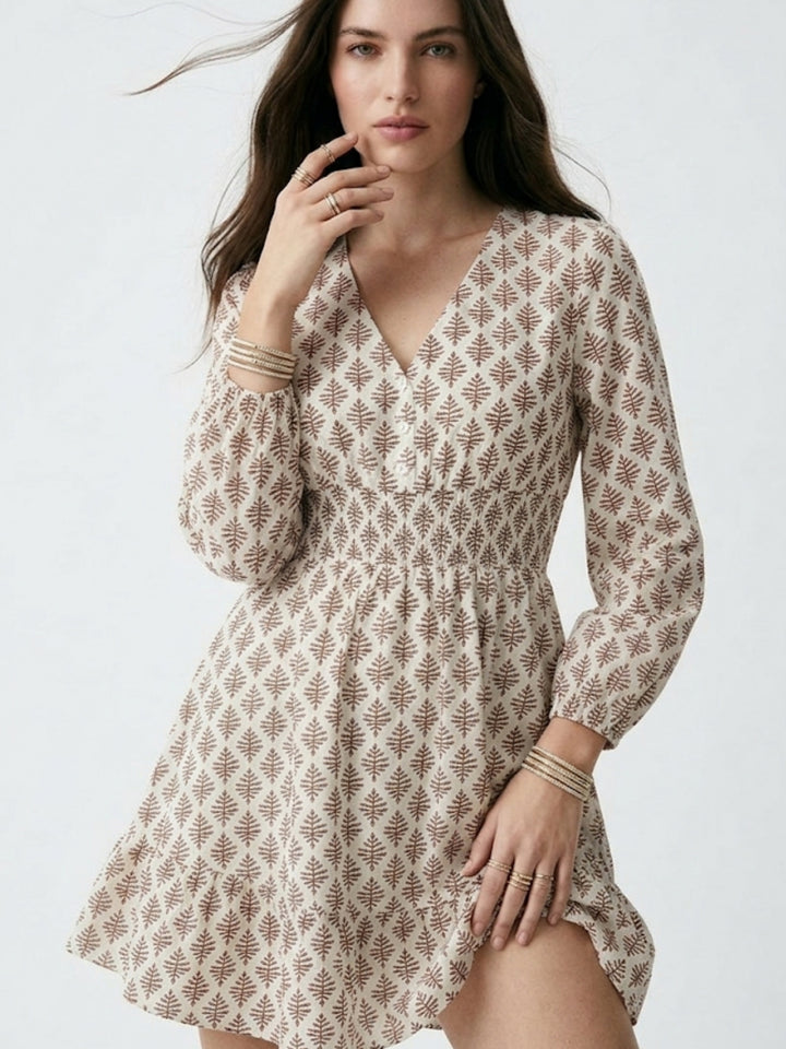 Off White Bishop Sleeve V Neck Printed Dress