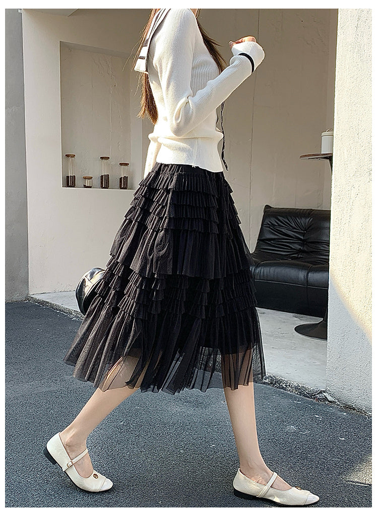 Black Sheer Tiered Midi Skirt