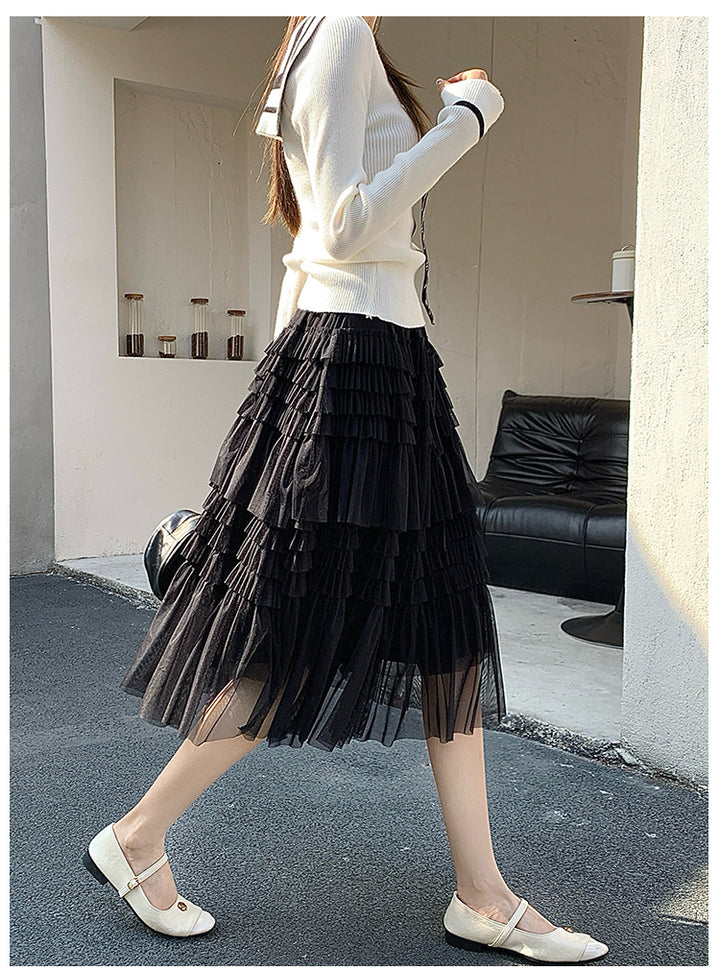 Black Sheer Tiered Midi Skirt