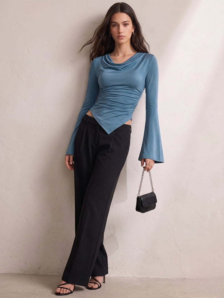 Teal Cowl Neck Asymmetric Hem Top