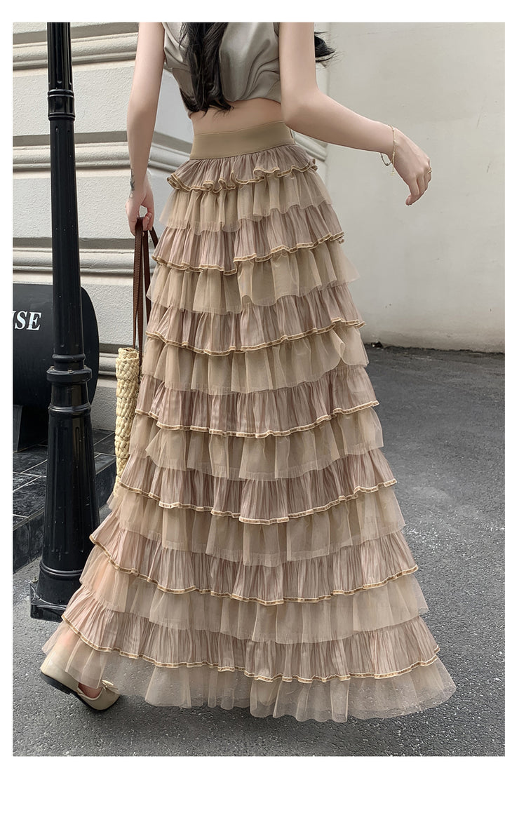 Beige Multi Ruffled Tiered Maxi Skirt