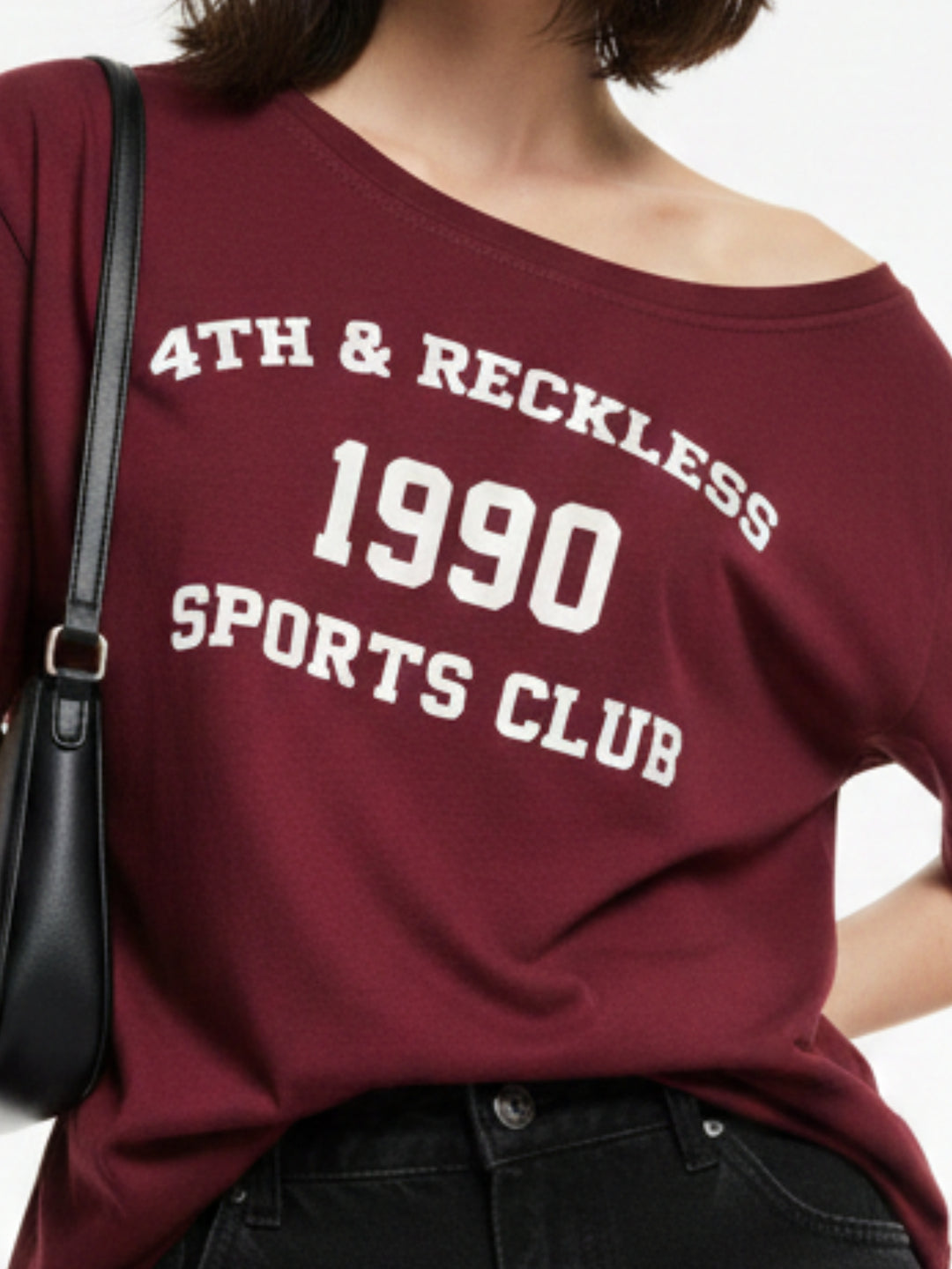 Maroon Off-Shoulder Graphic Printed T-Shirt