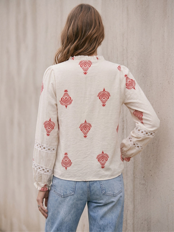 Off White High Neck All Over Printed Blouse