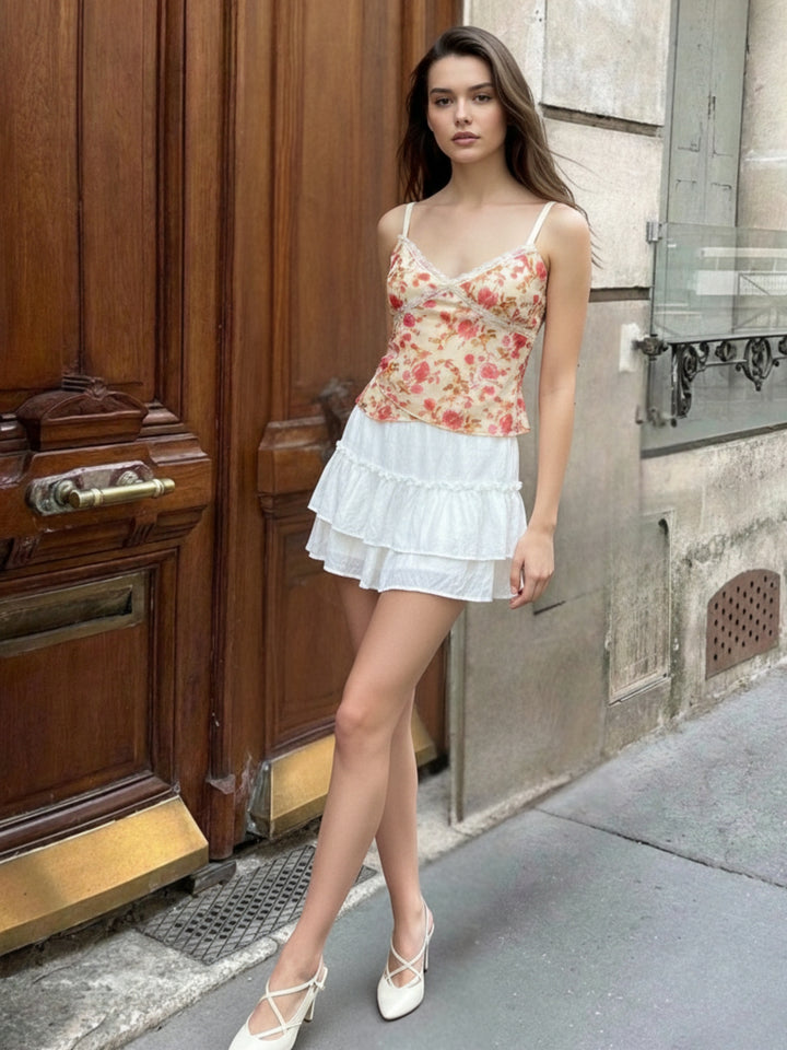 Cream Floral Printed Lace Neckline Detail Top