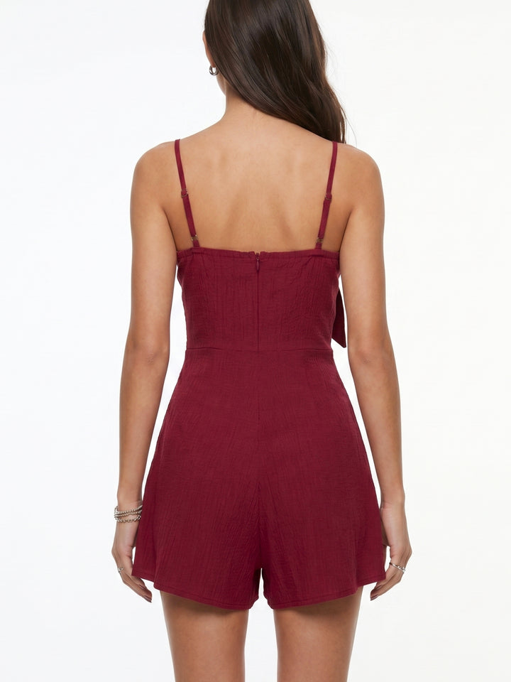 Maroon Spaghetti Strap Front Tie-Up Playsuit