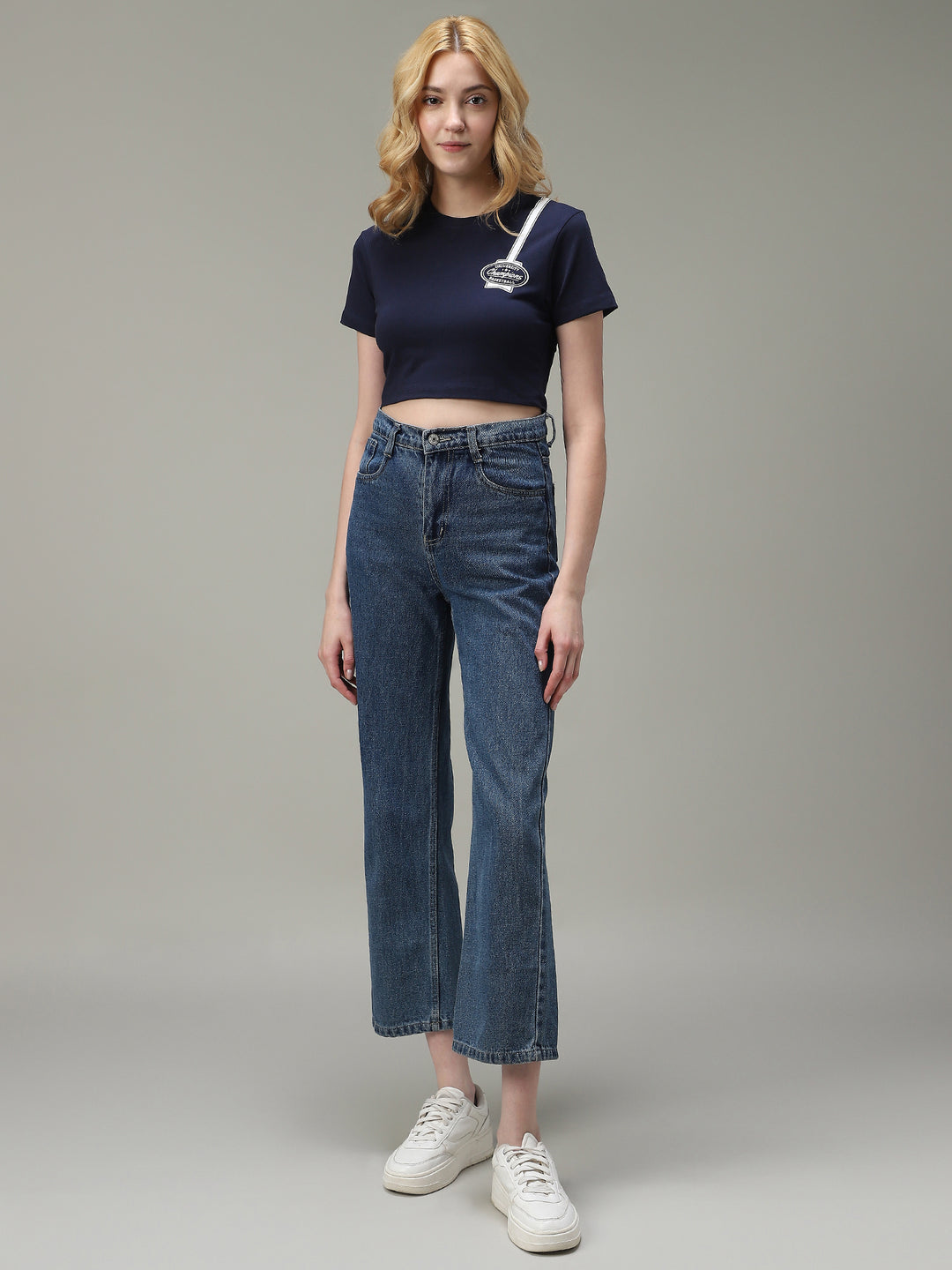 Navy Blue Varsity Graphic Cropped T-Shirt