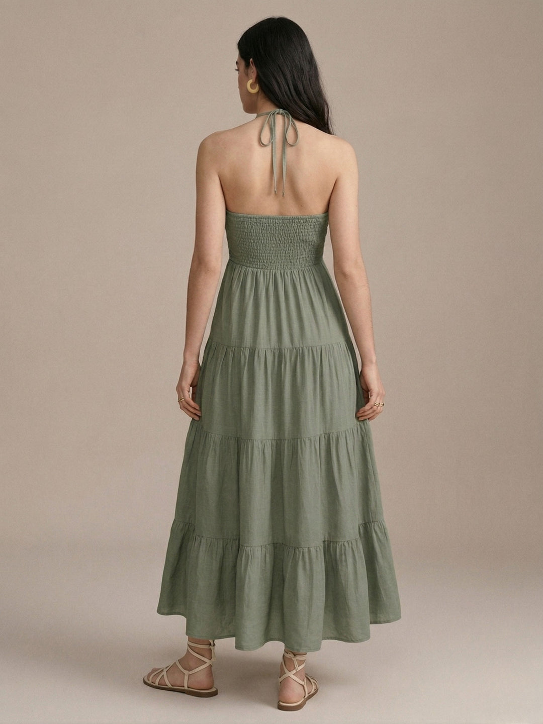 Olive Halter Neck Tiered Dress