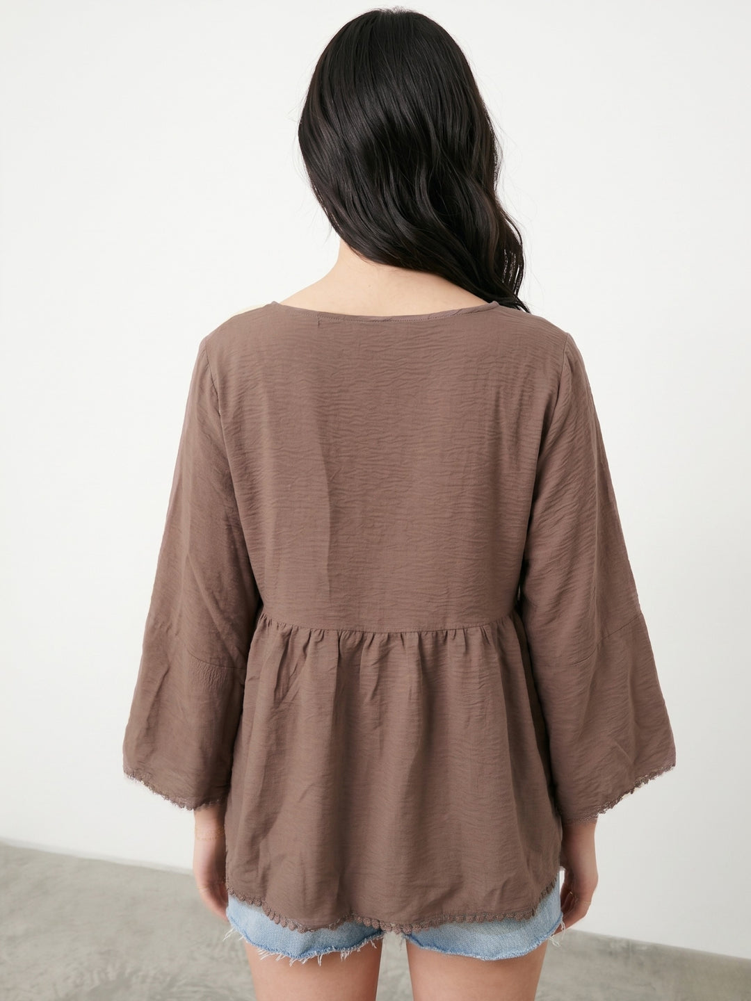 Brown Full Sleeve V Neck Relaxed Dress