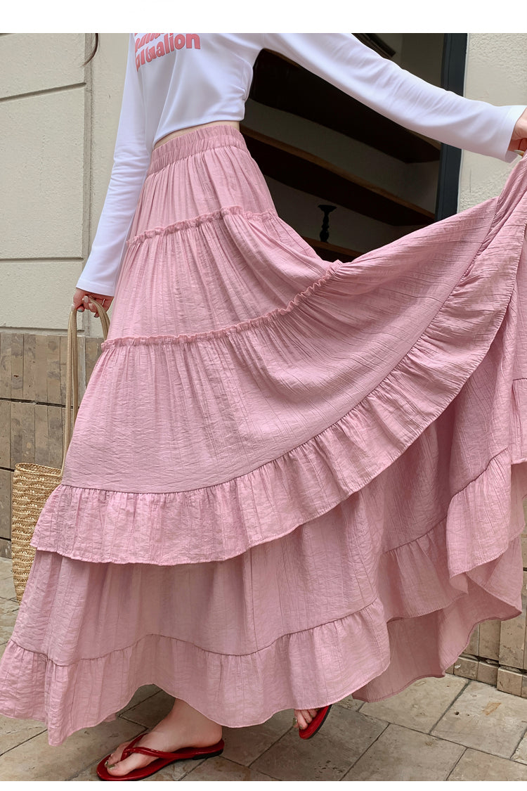 Pink Textured Layered Ruffled Skirt