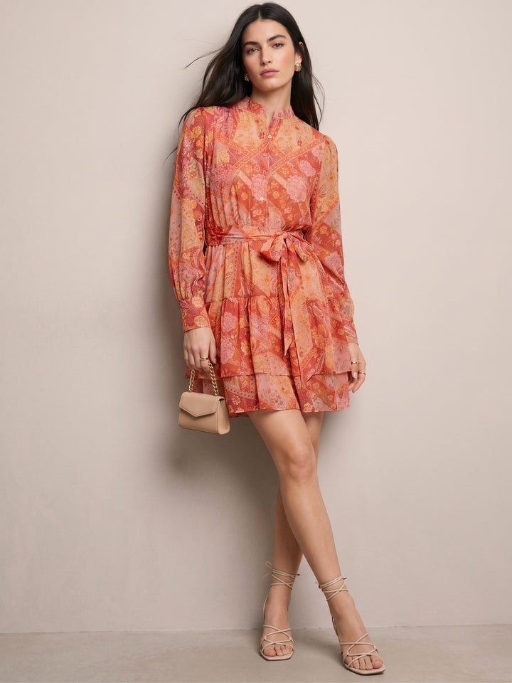 Orange Mini Length Tier Dress With Band Collar And Half Placket