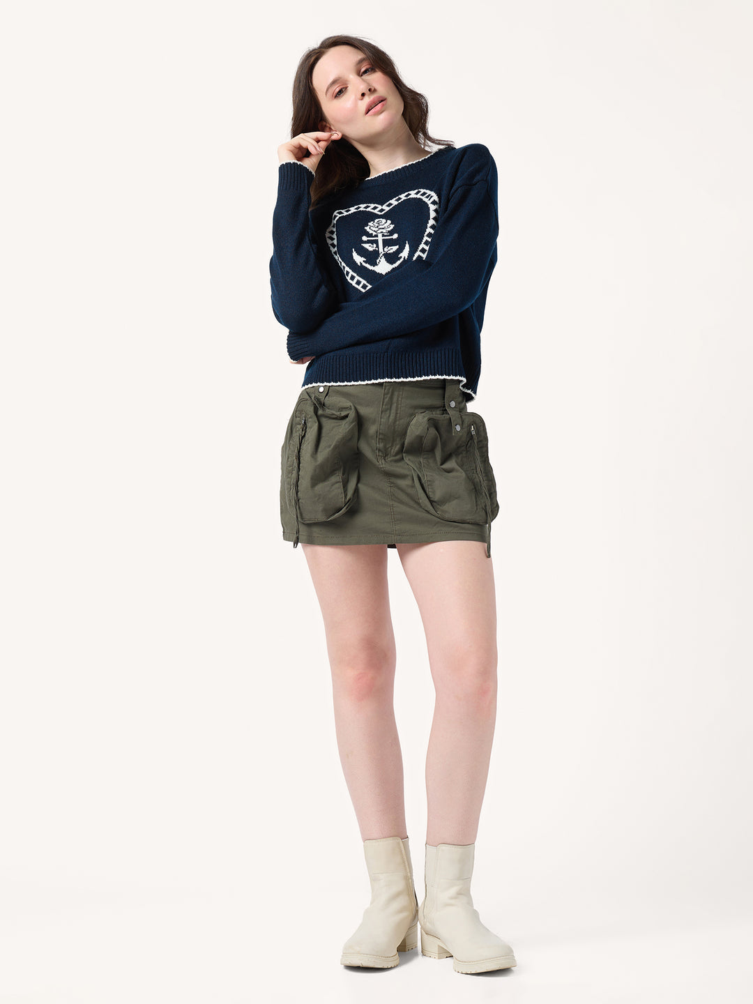 Navy Blue Contrast Stitch Hem And Neck With Graphic Sweater