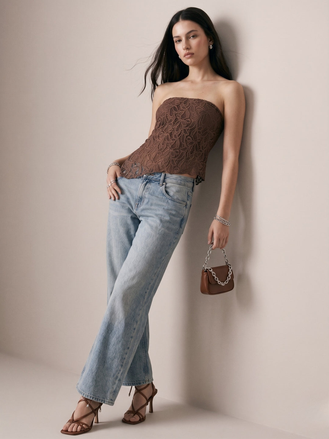 Brown Tube Asymmetric Lace Top