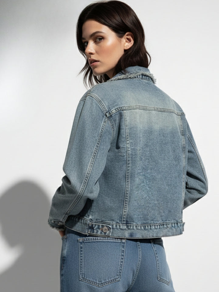 Blue Frayed Effect Denim Jacket