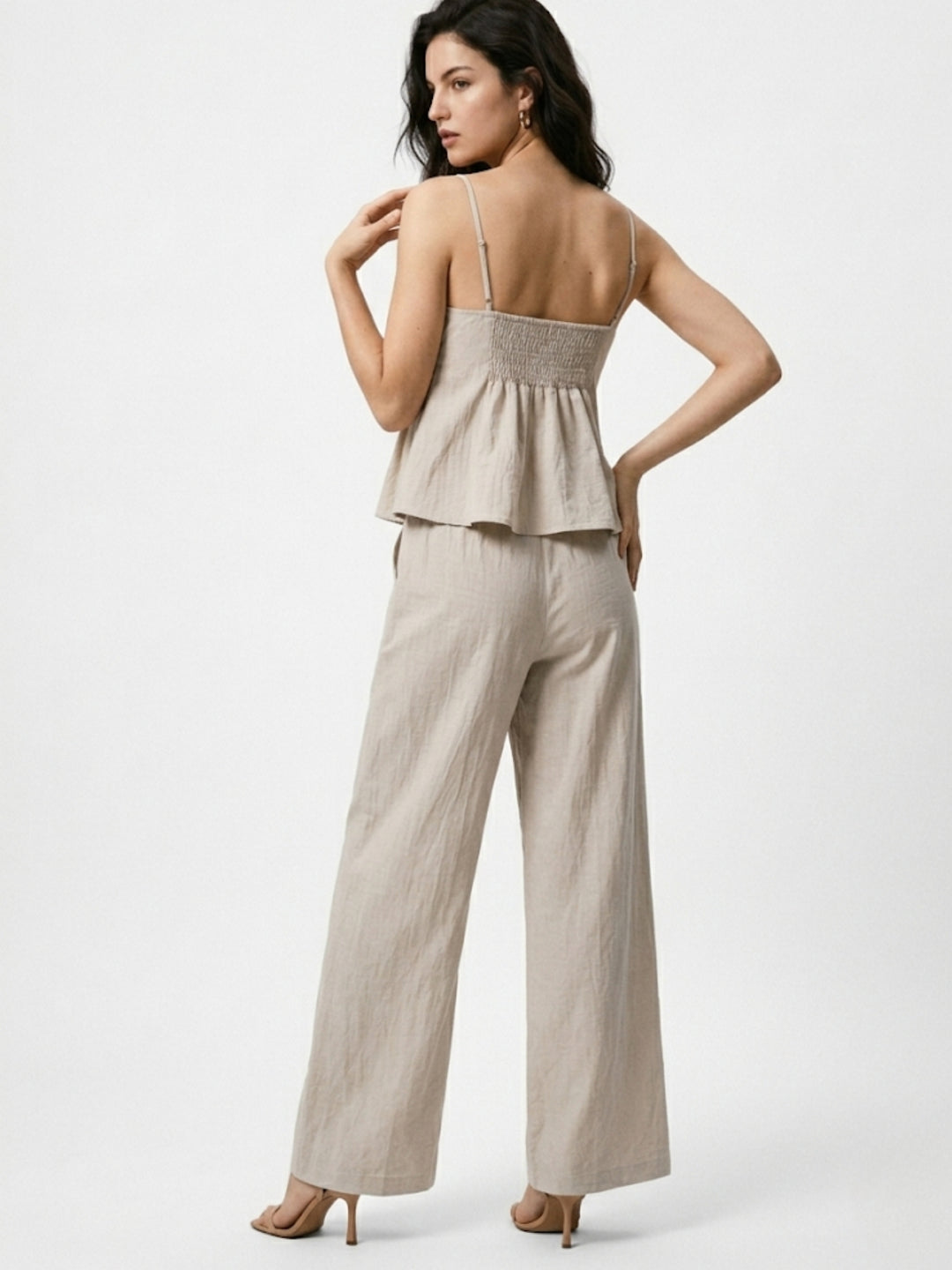 Beige Strappy Peplum Top With Trousers Co-Ord Set
