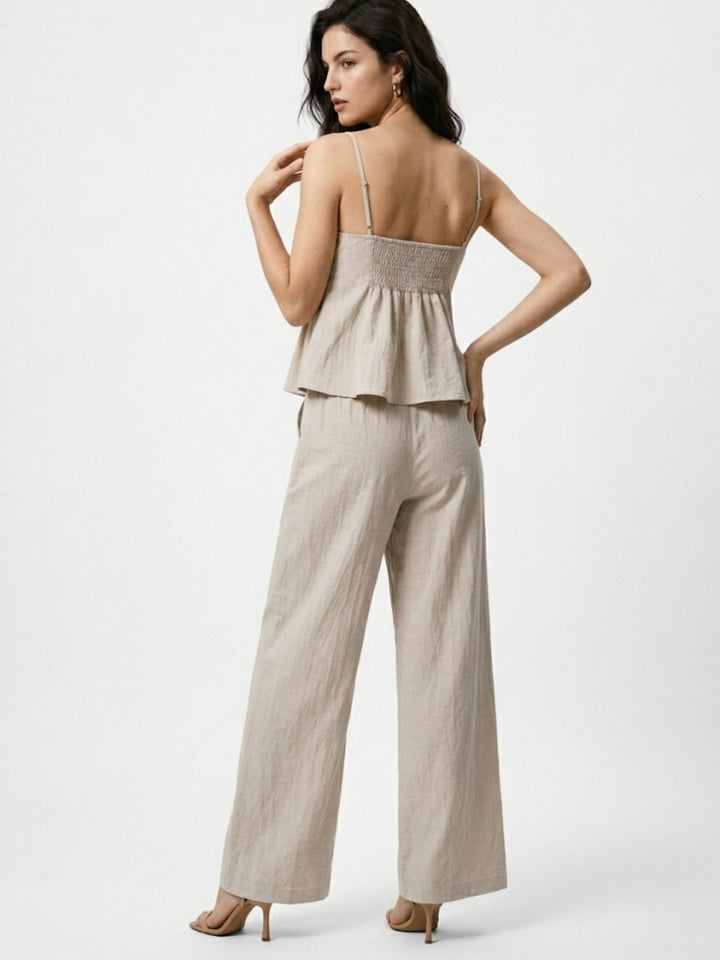 Beige Strappy Peplum Top With Trousers Co-Ord Set