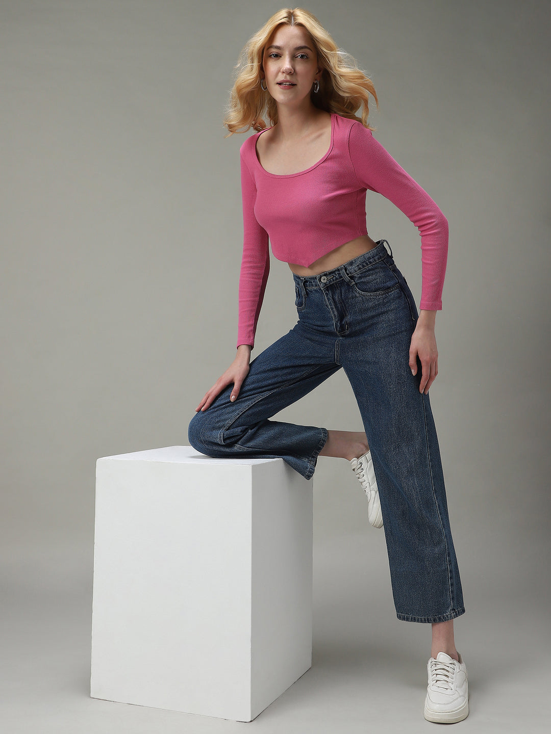 Pink Asymmetric Hem Scoop Neck Knit Top