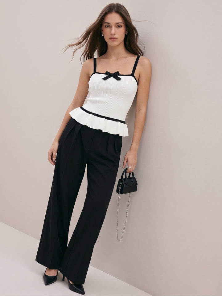 White Strappy Contrast Piping Peplum Top With Small Bow Detail